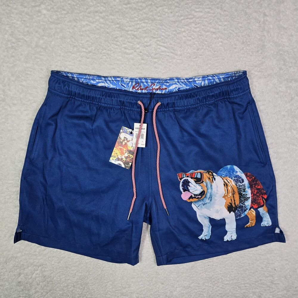 Robert Graham Mens Large Bulldog Lined Blue Swim Board Shorts Swim Trunks L Dog
